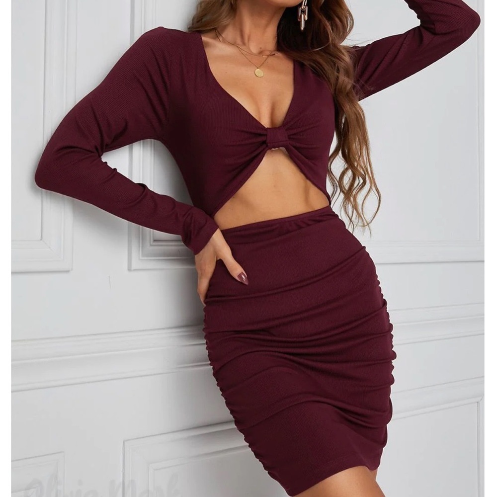 Deep V Neck Knotted Ruched Ribbed Knit Club Mini Dress